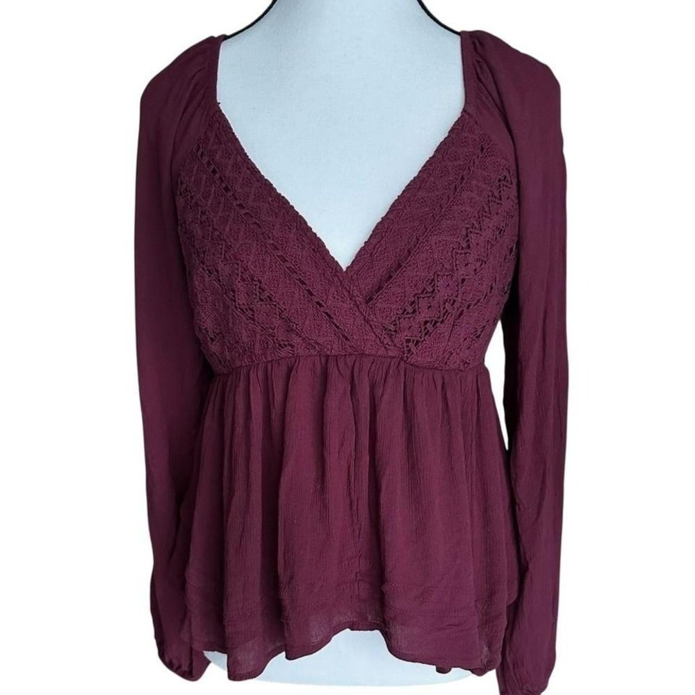 Hollister Burgundy Crochet Lace Babydoll Top Long Sleeve Y2K Smocked Back Large